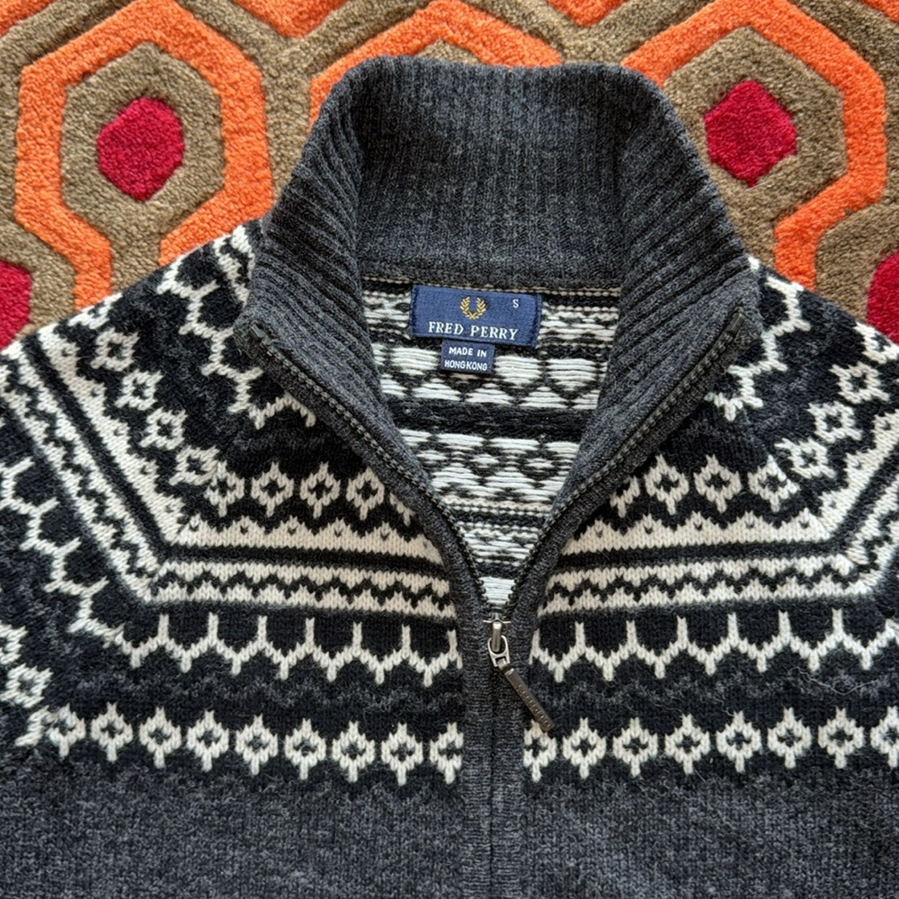 MAKE OFFER ! Fred Perry Gray and White Wool Zip Up Sweater Fair Isle Men's Small